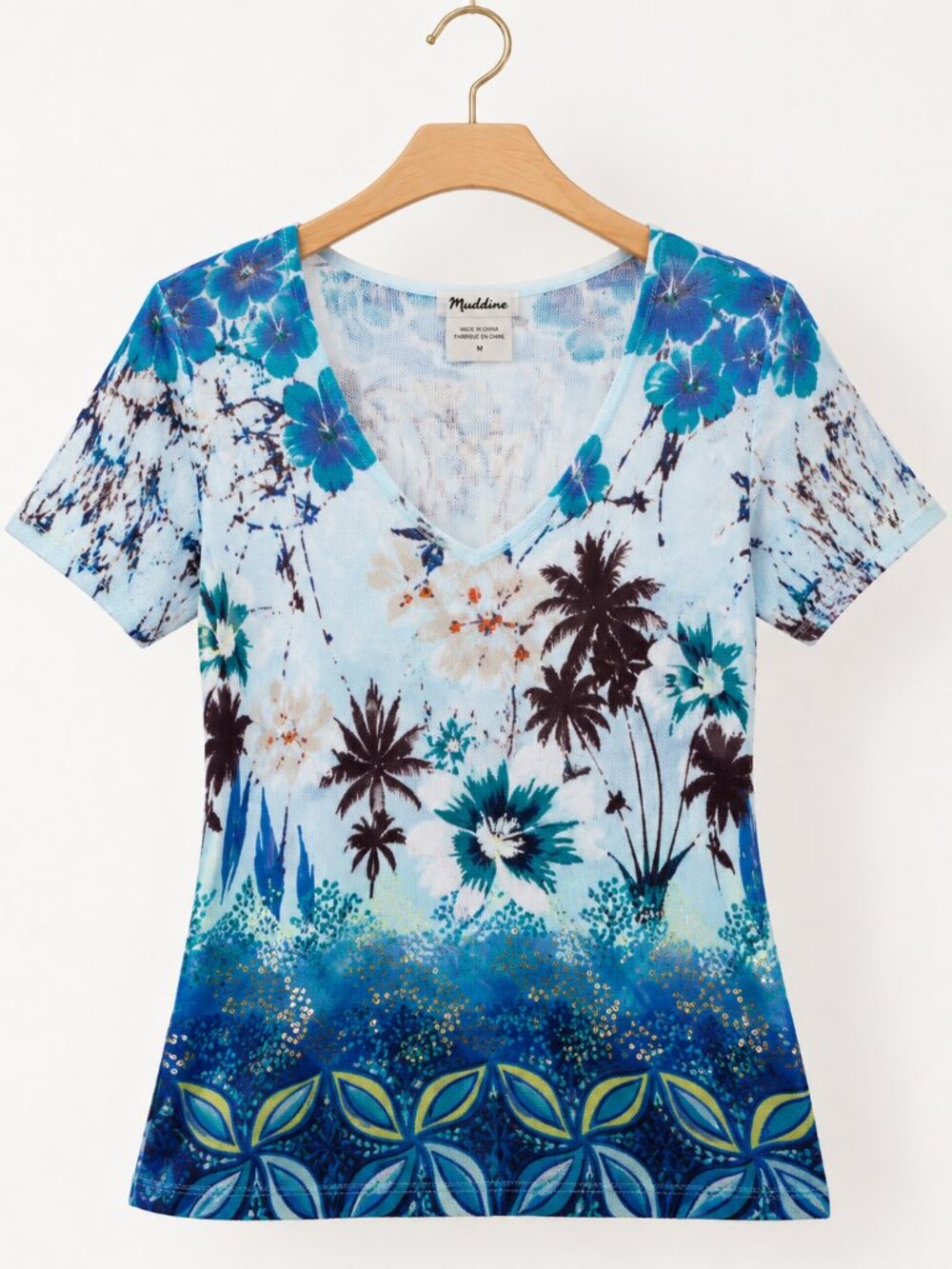 Cotton Tropical Print Knit Top Beaded Embroidery Y2K